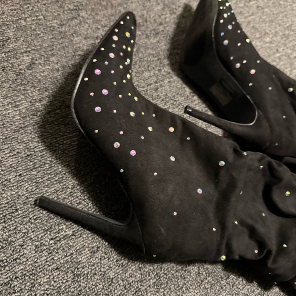 Rhinestone decor, slouch Elegant Black Studded Women's Boots - Picture 8 of 8